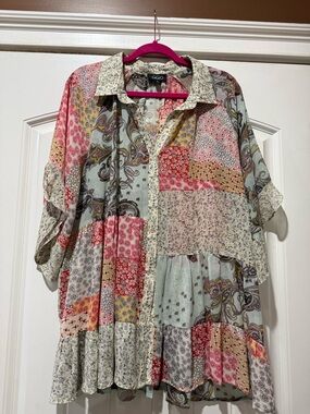 Gigio Multicolor Patchwork Button-Down Blouse